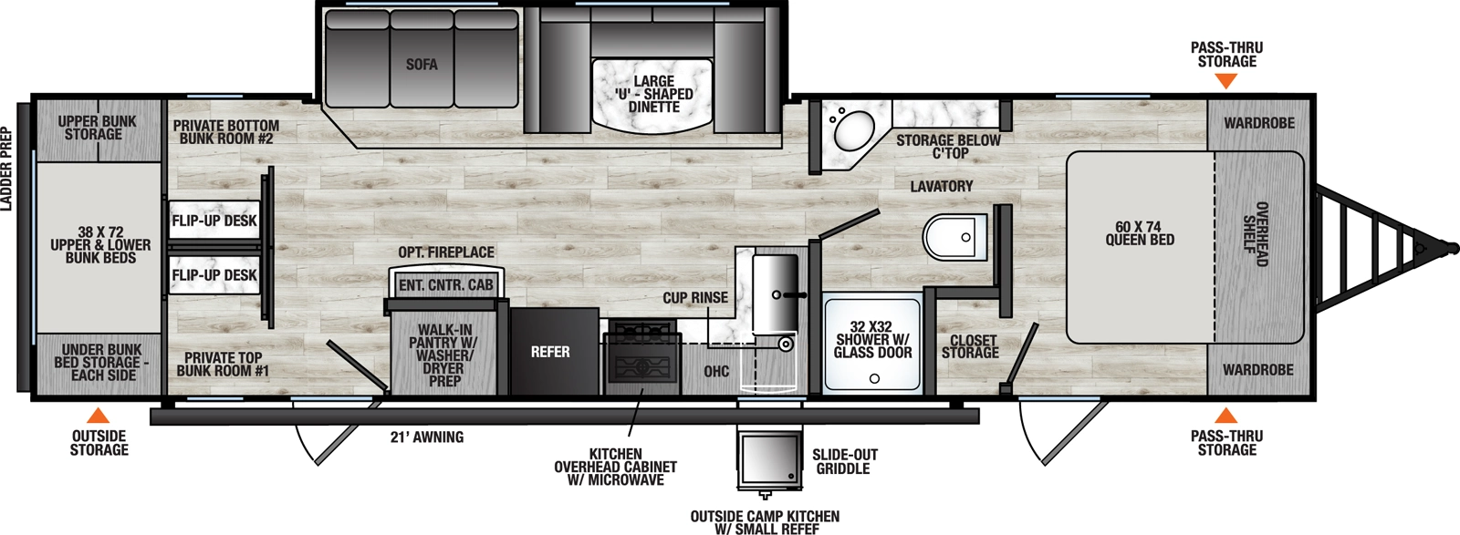The Viking Travel Trailers 282DORM floorplan has two entries and one slide out. Exterior features include: metal exterior, 21' awning and outside kitchen. Interiors features include: bunk beds, u-dinette, front bedroom and pass through bathroom.